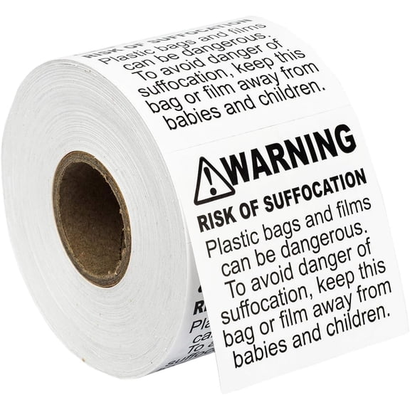 Warning - Risk of Suffocation (FBA-Approved) Pre-Printed Labels / Stickers (2" x 2") 1 Roll / 500 Labels per Roll