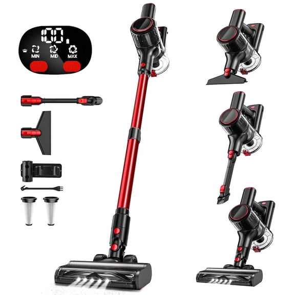 SUXIANGVAC Cordless Vacuum Cleaner, 30Kpa Powerful Suction 8-in-1 Stick Vacuum with LED Display, 3 Modes Suction, Lightweight Vacuum for Hardwood Floor/Carpet/Pet Hair, Red