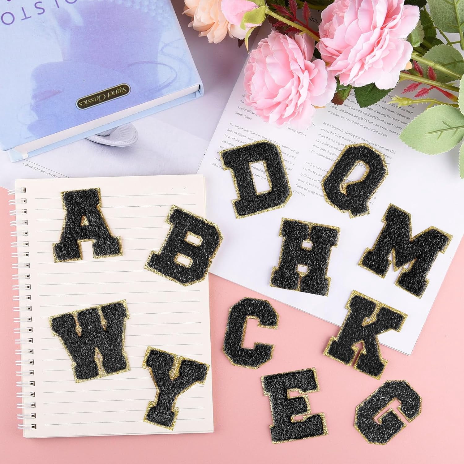 NANAHuang 26Pcs Self Adhesive Chenille Letter Patches A-Z, Chenille Letters for Clothing, Fabric, Shoes, Bags (Light Pink)