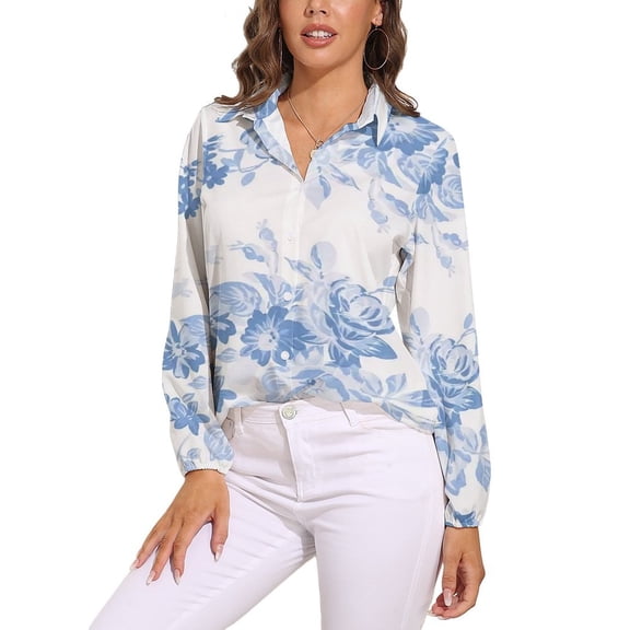 Modern Navy Blue White Watercolor Elegant Floral Long Sleeve Blouse Woman Streetwear Casual Shirts Summer Oversize Woman Streetwear Clothing Birthday Present