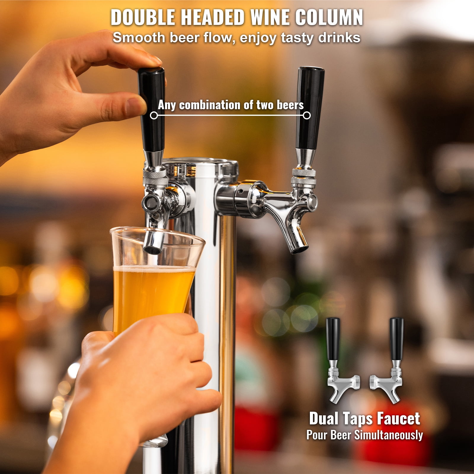 KFFKFF Dual Tap Kegerator Tower Kit, Stainless Steel Beer Dispenser with Dual Gauge Regulator, D-System Keg Coupler, and Drip Tray for Home or Party Use