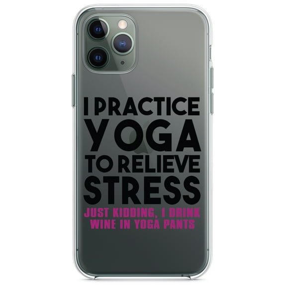DistinctInk Clear Shockproof Hybrid Case for iPhone 13 Pro MAX (6.7" Screen) - TPU Bumper Acrylic Back Tempered Glass Screen Protector - I Practice Yoga to Relieve Stress Drink Wine