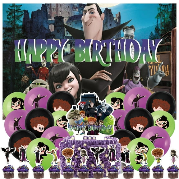 32 Pcs For Hotel Transylvania Cartoon-Themed Birthday Decorations and Party Favors Set – Includes Backdrop, Cake Topper, 12 Cupcake Toppers, and 18 Balloons for Celebration Events