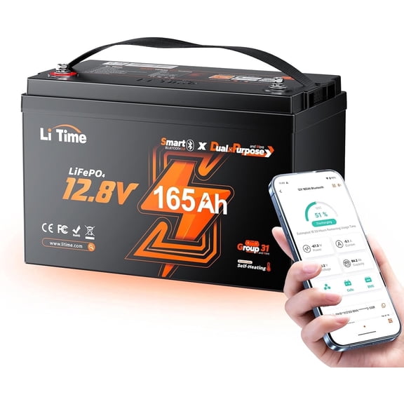 LiTime 12V 165Ah Dual Purpose Lithium Marine Starting & Storage Battery (1200CCA), Group 31 Deep Cycle LiFePO4 Cranking Battery for Boat, Compatiable with Mercury, Honda, Suzuki, Evinrude