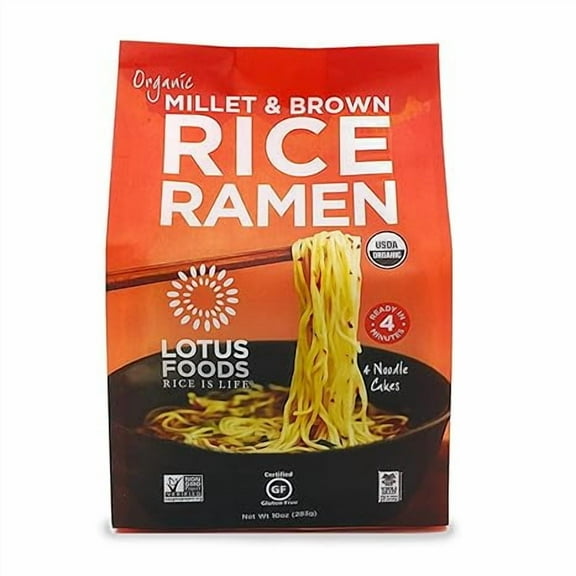 Lotus Foods Organic Millet and Brown Rice Ramen Noodles - Gluten Free Instant Ramen Noodles, Vegan, Low Sodium, Made with Brown Rice Flour and Millet Flour - 10 Oz Bag ( Pack of 2 )