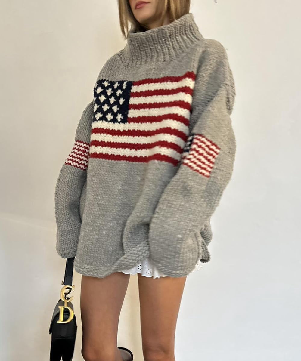 NOBRAND Women's American Flag Oversized Turtleneck Long Sleeve Knit Pullover Sweater