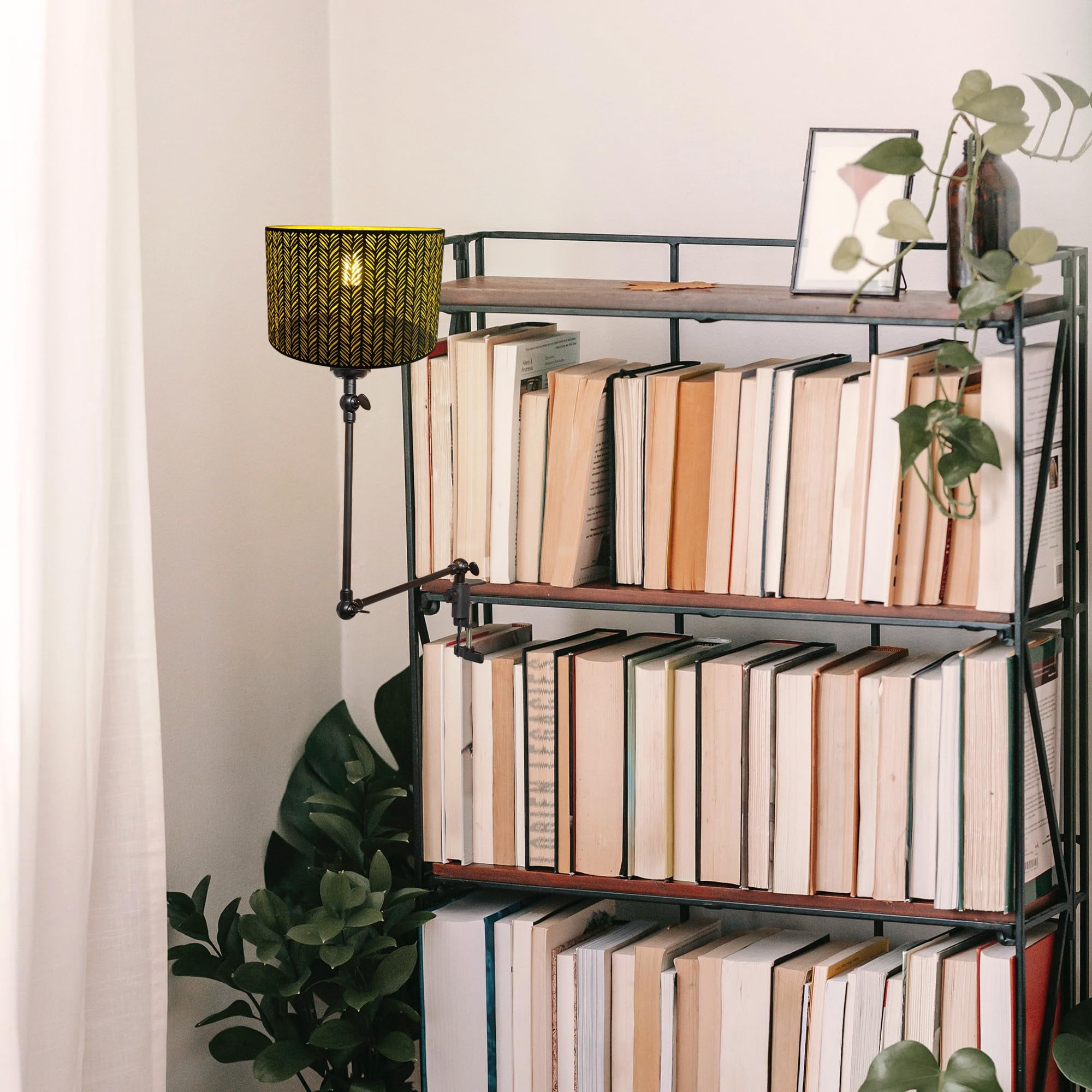 Kiven Dimmable Clip-on Desk Lamp, 1-Light Rattan Nightstand Lamp with Flexible Arm, 8.2FT Plug in Cord, Decorative Clamp Lamp for Office Home Bookshelf Bedside E26 Sokcet DZ0318-1