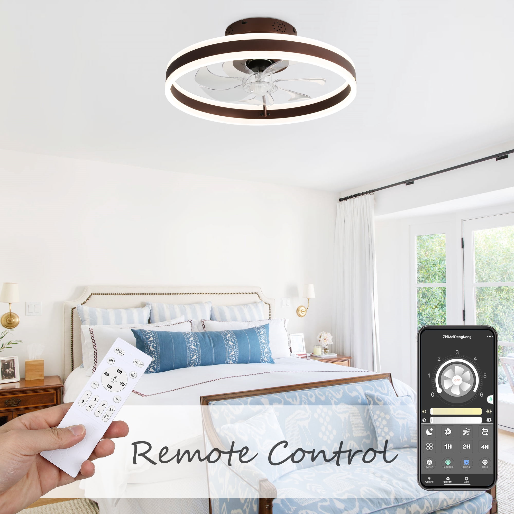 20" Coffee Brown Reversible Flush Mount Ceiling Fan with Remote Control, APP Control 6-Speed Low Profile Ceiling Fan with Dimmable Light