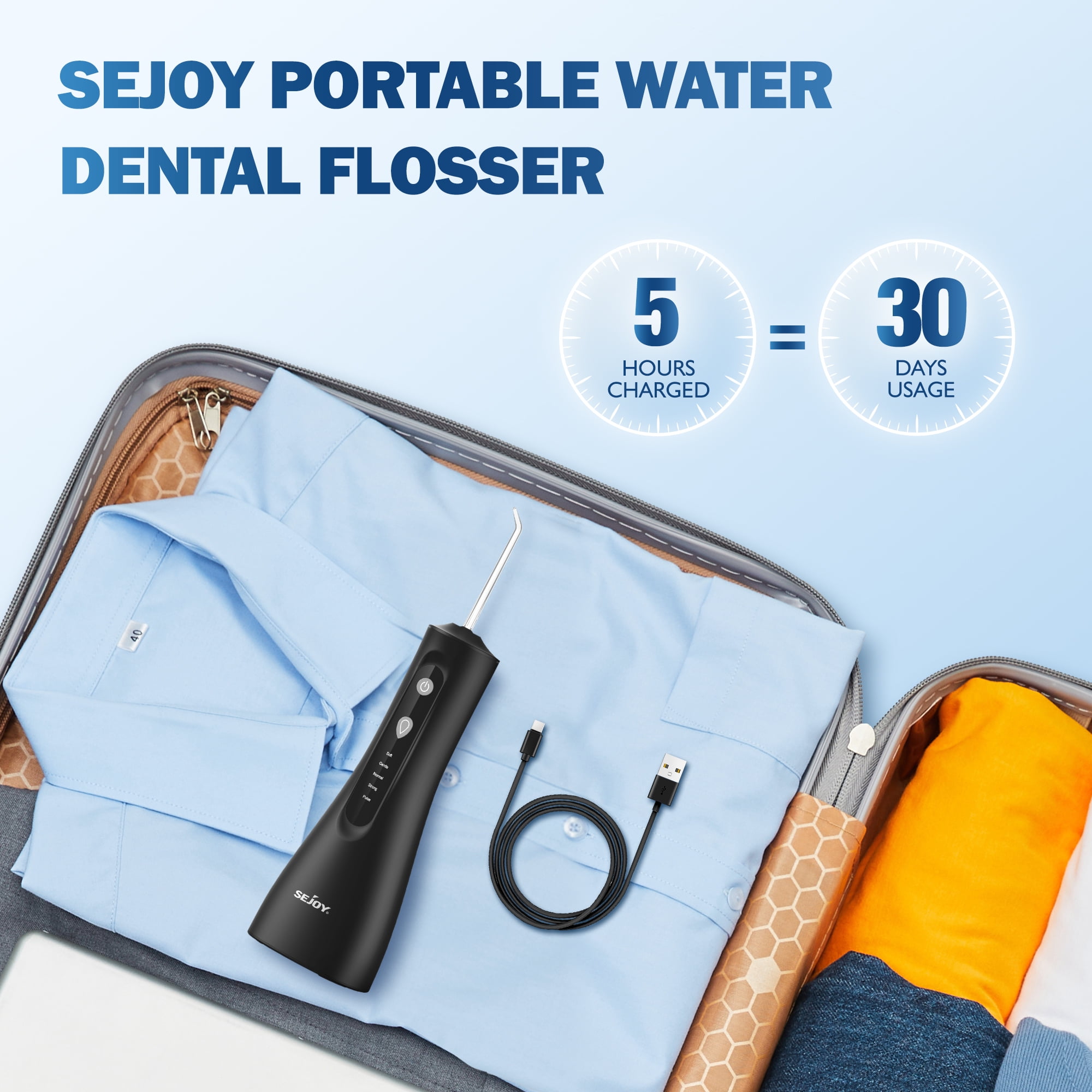 Sejoy Cordless Water Flosser Dental Teeth Cleaner, Portable 300ML Tank Rechargeable Oral Irrigator for Home and Travel, 5 Modes Irrigate, 5 Jet Tips