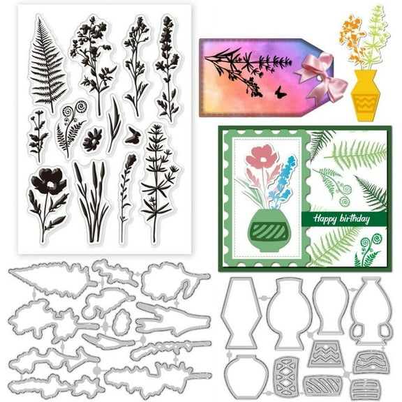 Flower Vase Clear Stamp and Cutting Dies Set for Card Making Flower Silhouette Silicone Clear Stamp Metal Fern Leaf Die Cuts for DIY Scrapbooking Photo Album Decorative
