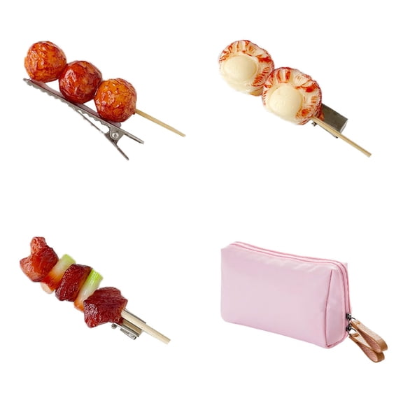 Travel Makeup Bag Small and 3PCS Simulated Food Hairpins- Mini Cosmetic Pouch with Zipper for Purse, Cute Preppy Toiletry Organizer for Women & Girls,Skincare & Beauty Essentials Bag