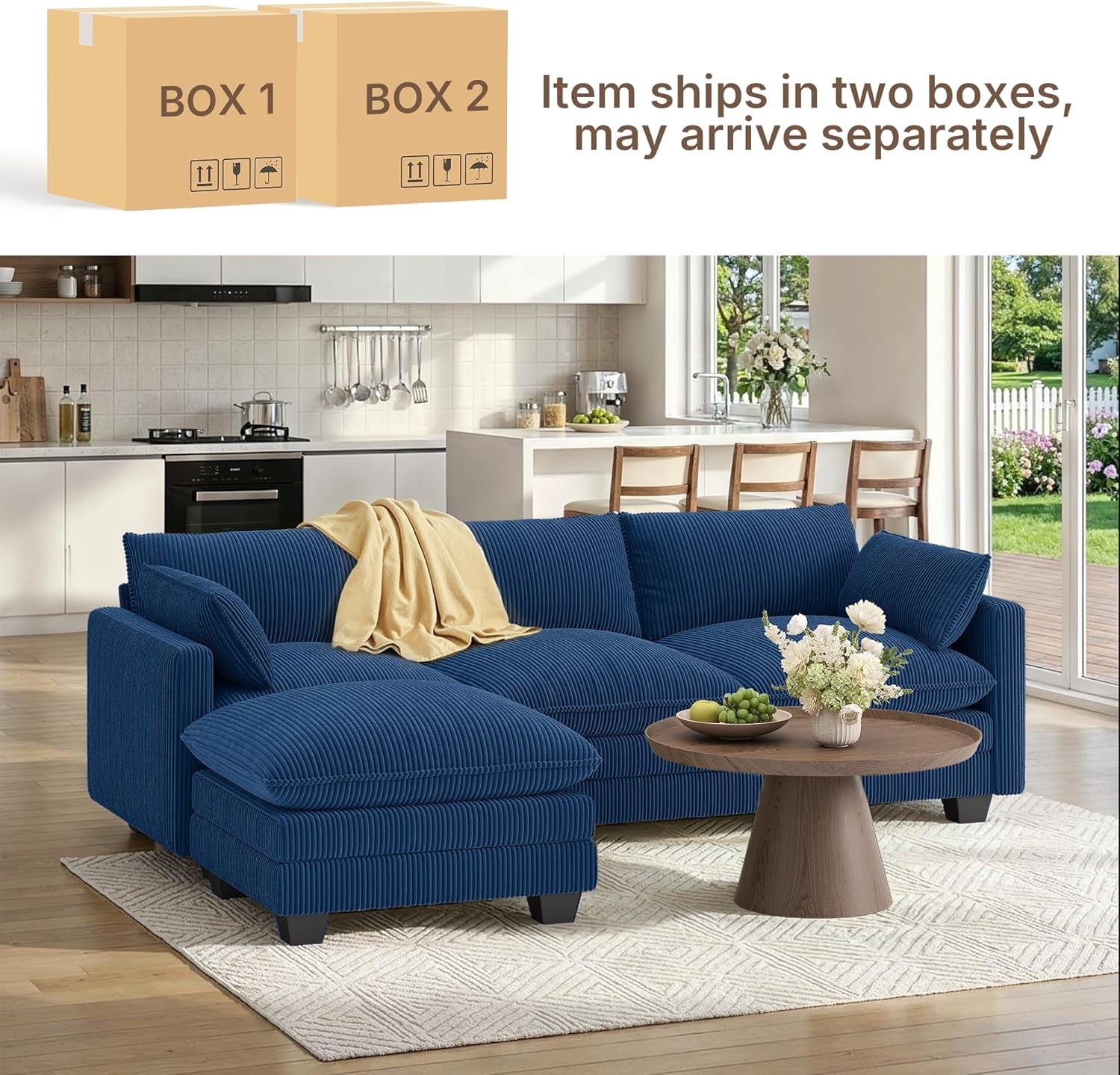 Noelse 110" L Shaped Sofa Couch Modular Sectional Cloud Couch with Movable Ottoman, 3-Seater Comfy Corduroy Deep Seat Sofa with 2 Pillows for Living Room, Bedroom, Blue, Clearance