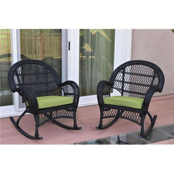 W00211-R-2-FS029 Santa Maria Black Wicker Rocker Chair with Green Cushion - Set of 2