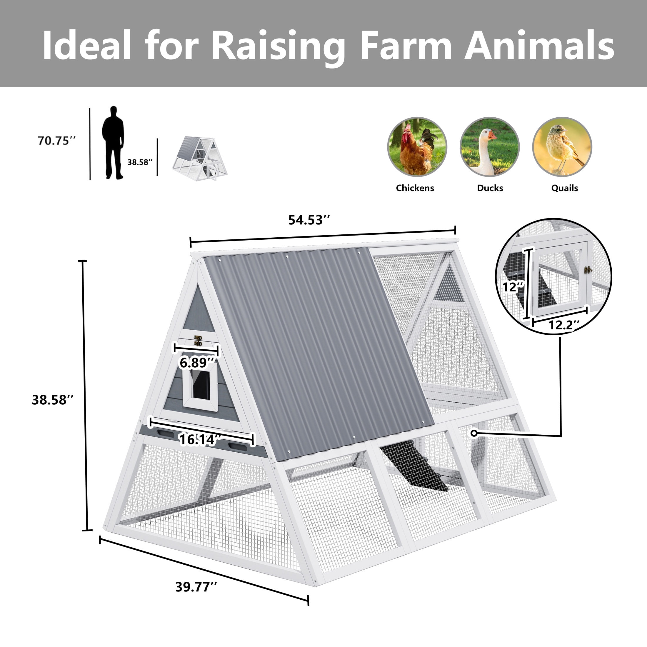 Large Weatherproof Triangular Chicken Coop with Nesting Box & Tray, Spacious Run, White and Gray