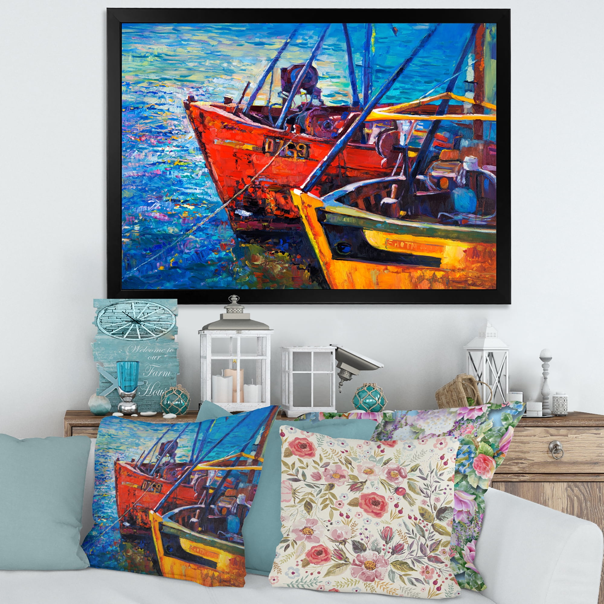 Designart 'Boats During Warm Sunset Resting On The Water VII' Nautical & Coastal Framed Art Print