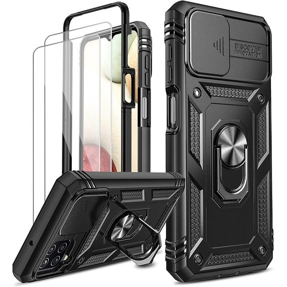 Compatible for Samsung Galaxy A12 Case: A12 Case with Slide Camera Cover   [2 Packs] Screen Protector, 360 Full Body Military-Grade Phone Case with Kickstand for Galaxy A12, Black