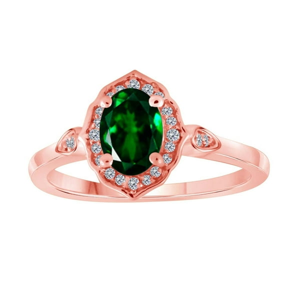 0.85 Carat Oval Shape Created Emerald And Diamond Ring In 10K Solid Rose, White & Yellow Gold