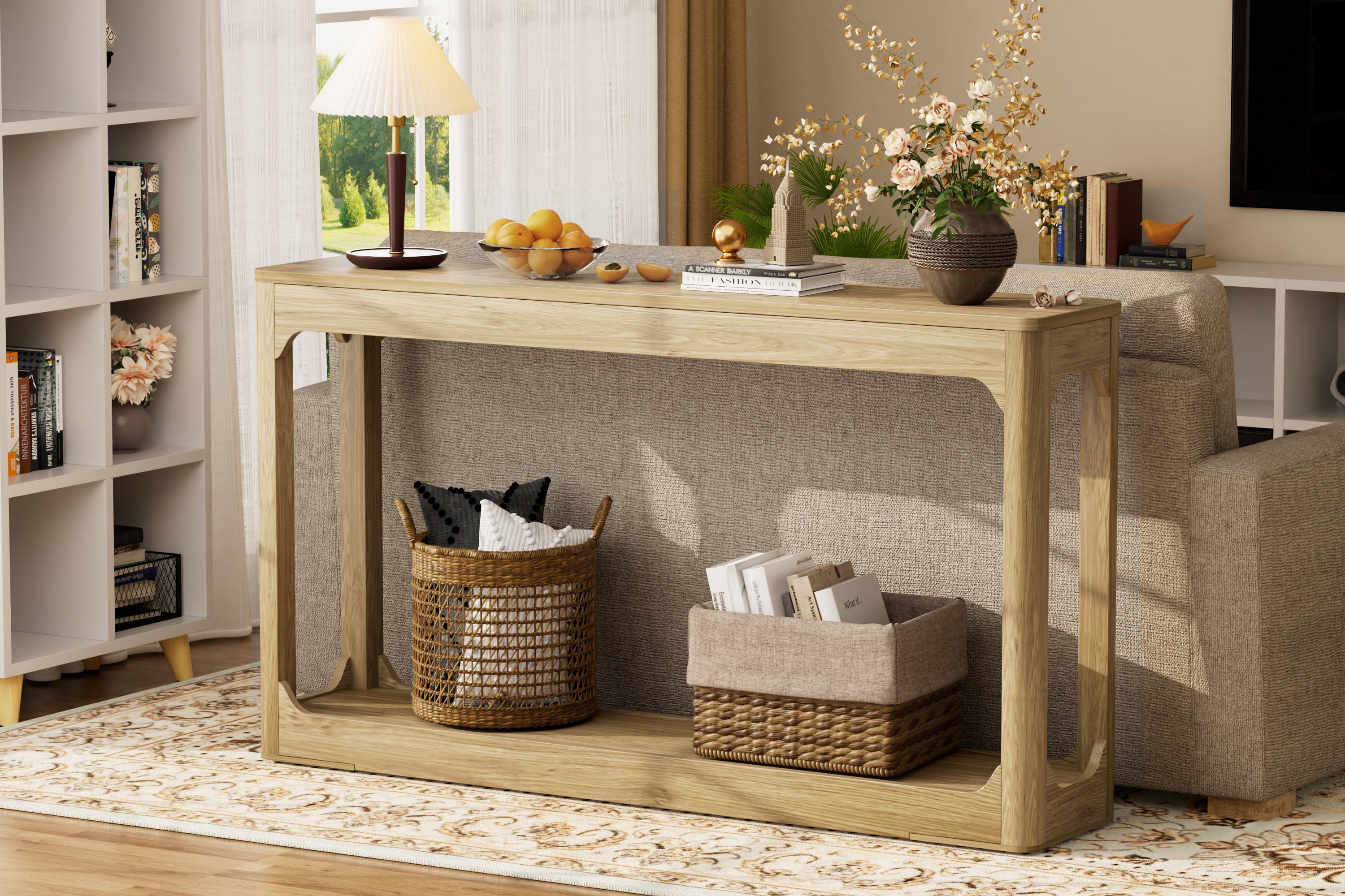 55.1" Curved-Leg Wooden Console Table, Slim Minimalist Storage Side Table, Natural Wood Sofa Table for Entryway, Hallway, Living Room