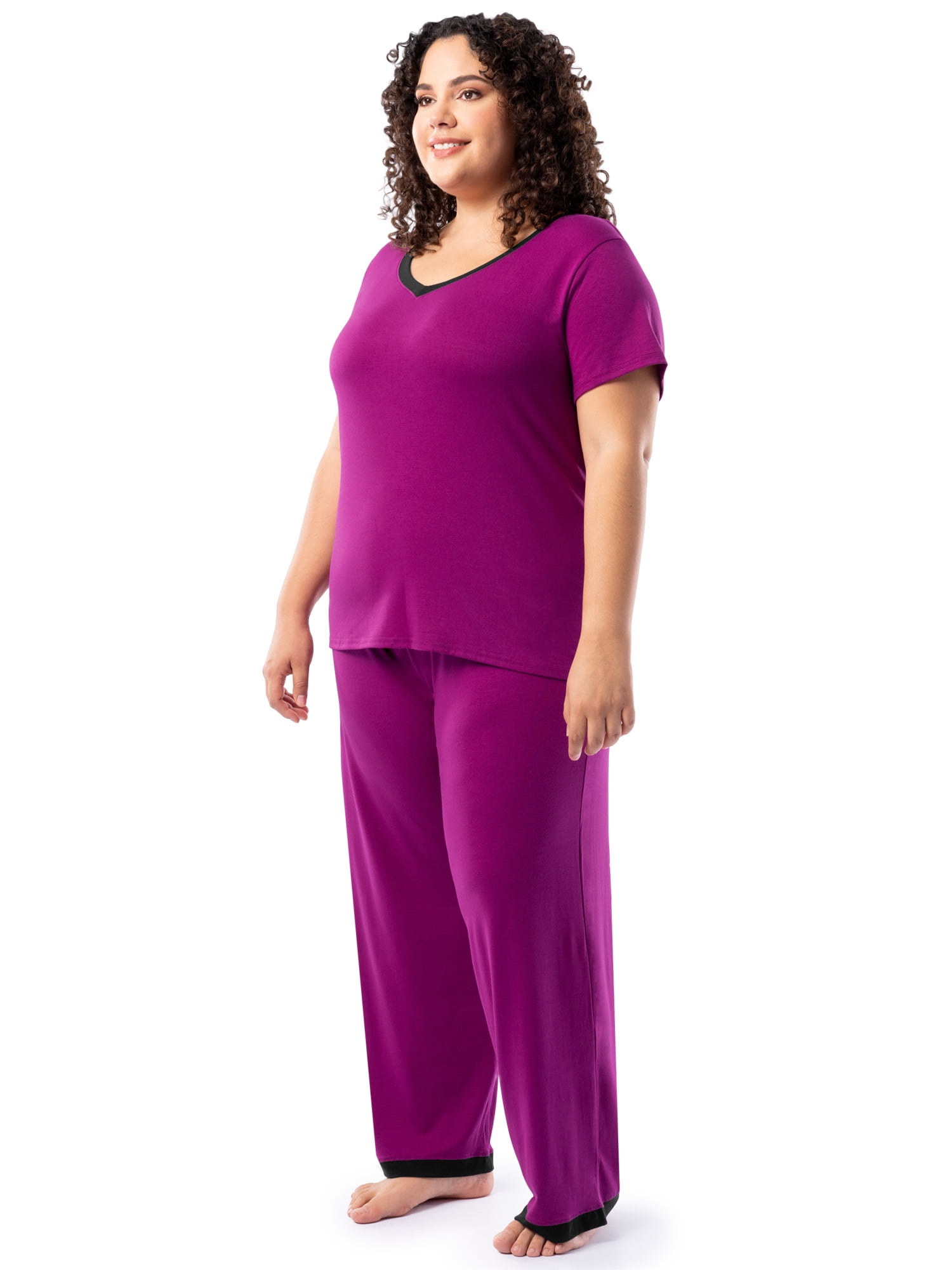 Fruit of the Loom Women's Soft & Breathable V-Neck Short Sleeve Top & Pajama Pant Set, Sizes S-4X