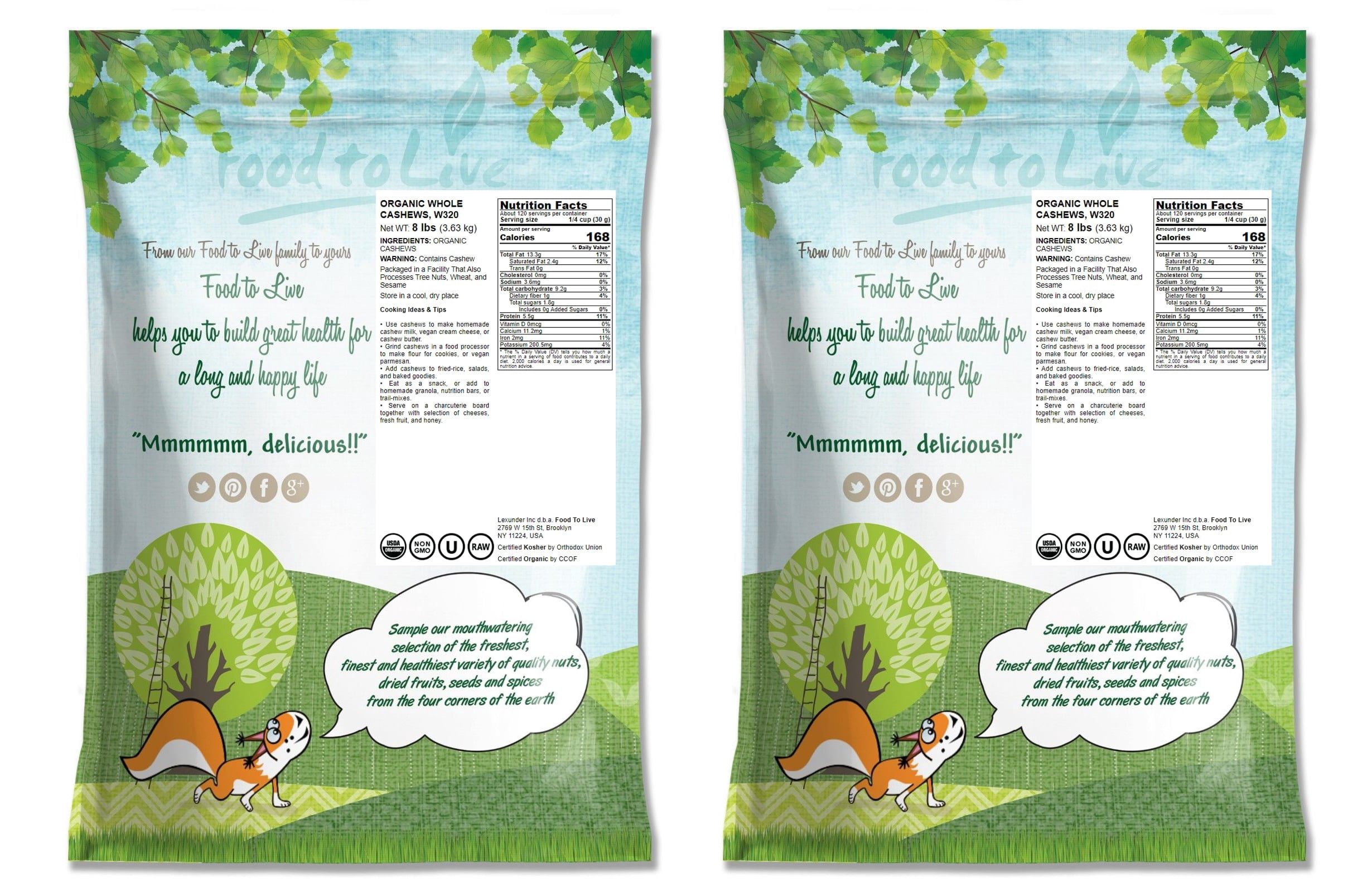 Organic Whole Cashews, W320, 16 Pounds — Non-GMO, Kosher, Vegan, Raw — by Food to Live