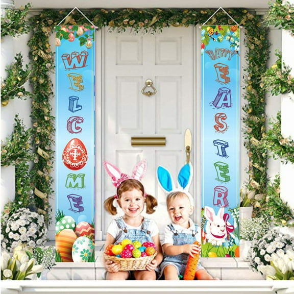 HongHeng Spring Porch Banners and Flower Porch Sign Spring Floral Door Sign Bunny Eggs Hanging Flag Spring Summer Flower Porch Banner Sign for Home Indoor Outdoor Decorations