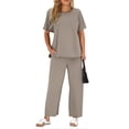 thumbnail image 3 of UPPADA 2 Piece Beach Sets for Women 2 Piece Lounge Sets Summer Travel Sweat Outfits Short Sleeve Wide Leg Casual Matching Tracksuits Sets Khaki,M, 3 of 6
