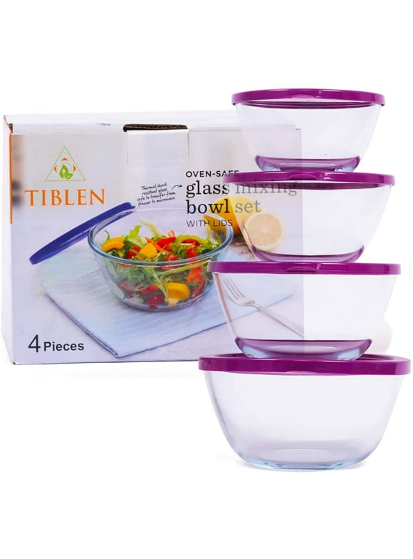 TIBLEN [4-Pack] Glass Mixing Round Bowl Set, Nesting Glass Bowls Food Storage Containers with Lids, Meal Prep Containers with Lids for Kitchen, Home Use, Safe for Microwave,Freezer, BPA Free