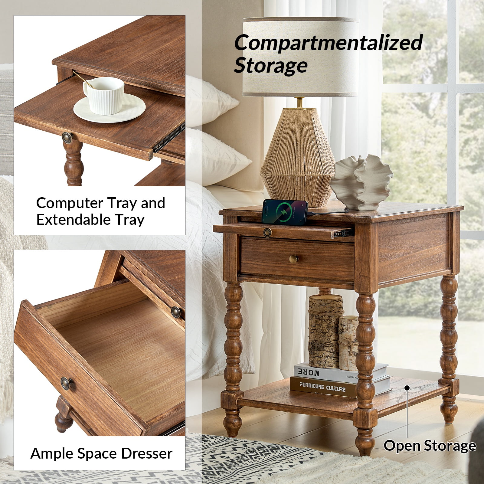 26" Modern End Table Solid Wood Set of 2 with Drawer and Charging Station for Living Room Walnut