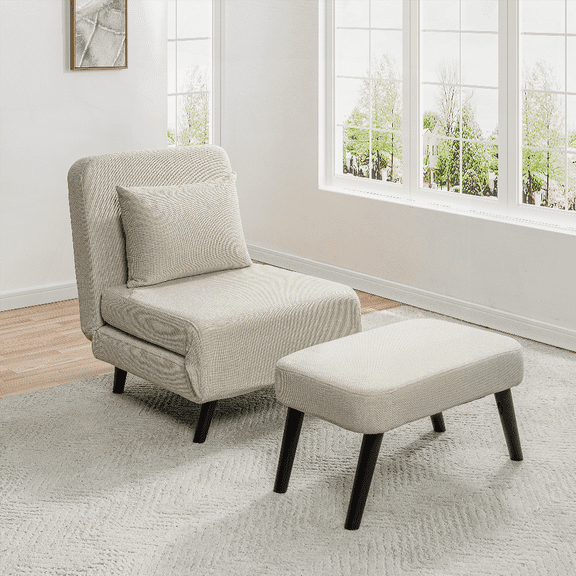 3-Piece Foldable Linen Chaise Lounge with Adjustable Parts - Beige