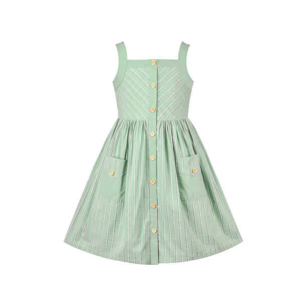 Vestido de Niña Verde a Rayas con Botones y Bolsillos Vestido Veraniego para Uso Diario 8 Años