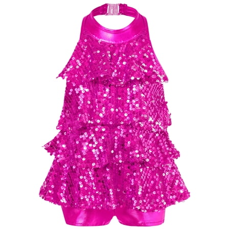LiiYii Kids Girls Sparkly Sequined Dance Dress Leotard Jazz Latin Salsa Rumba Dance Performance Rose 10