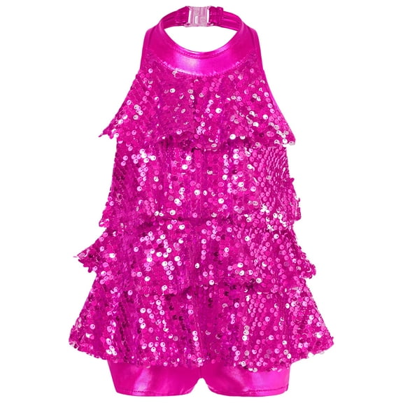 Ocealan Girls Modern Jazz Hiphop Dance Costume Sequins Halter Ruffles Leotard Dress Rose 12