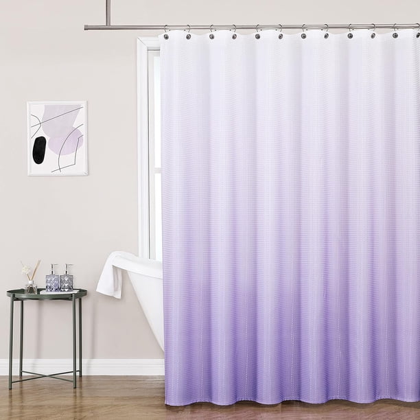 Cortina de ducha decorativa, tela de lavanda, microfibra, impermeable, blanco degradado a morado