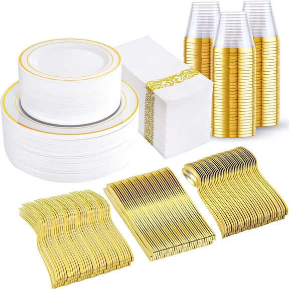 350PCS Gold Plastic Dinnerware Set for 100 Guests, Disposable Plates for Party, Include: 200 Plastic Plates, 100  Napkins with Silver Silverware, 100 Cups for Christmas, Halloween