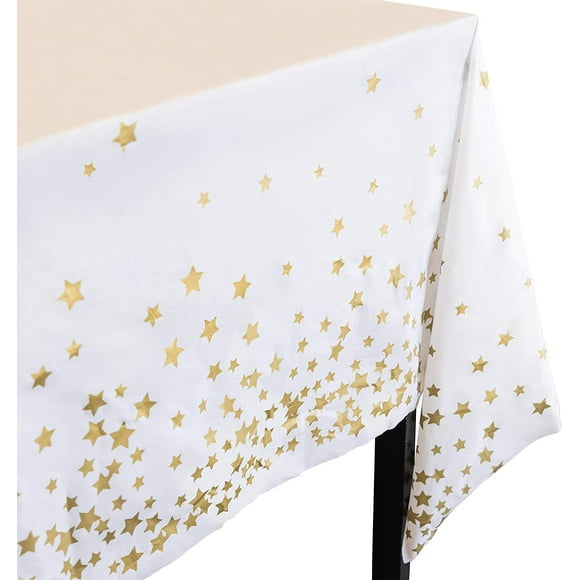Plastic Gold Star Tablecloth I 4 PACK - Party Table Cloths Disposable Tablecloths for Parties, Birthdays, Weddings I Twinkle Little Stars Tables Cover I Rectangle 54" x 108" Size Covers
