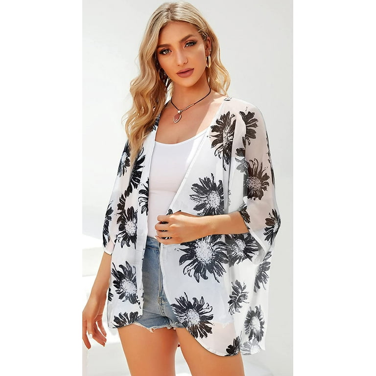 Women s Floral Print Puff Sleeve Kimono Cardigan Loose Cover Up Casual Blouse Tops