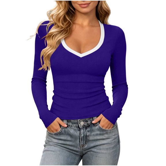 SETOOFF Womens Contrast Trim V‑Neck Pullover Long Sleeve Shirts, Fitted Casual Fashion Tops, Dressy‑Casual Dailywear Blouses for Fall