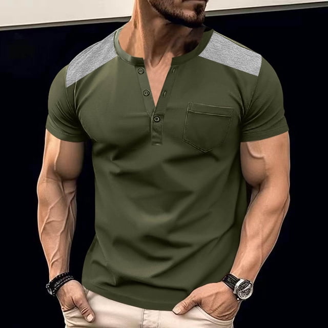 pstuiky Camisa de manga corta para hombre, Camiseta informal de manga corta holgada con cuello en V para hombre, color liso, a la moda ropa de hombre m