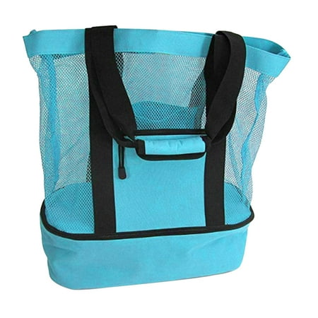 

Large Mesh Beach Tote Bag Insulation Cooler Bag With Insulated Compartment Blue