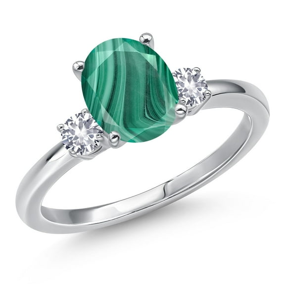 Gem Stone King 14K White Gold Green Malachite and White Created Sapphire Engagement Ring for Women | 2.76 Cttw | Oval 9X7MM | Gemstone Birthstone | Size 8