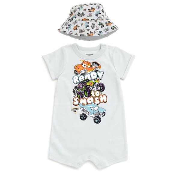Monster Jam, conjunto de mameluco y sombrero de pescador, color gris, recién nacido