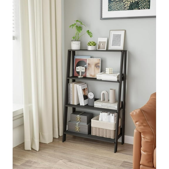 Ladder Bookshelf, 4 Tier Bookcase, Small Bookshelf with Storage, Freestanding Display Stand for Living Room, Kitchen, Bedroom, Balcony, Black