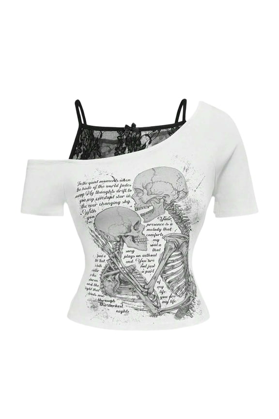 Women's Gothic T-Shirt Lace Sleeveless Tank Skull Print Two Piece Casual Tee
