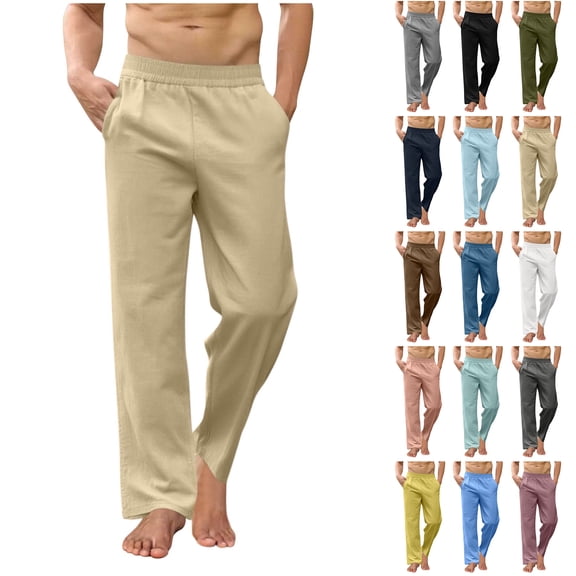 Havenre Mens Casual Pants Linen Lightweight Elastic Waist Loose Fit Straight Leg Lounge Pants Summer Beach Vacation Yoga Trousers with Pockets Pink XXXL