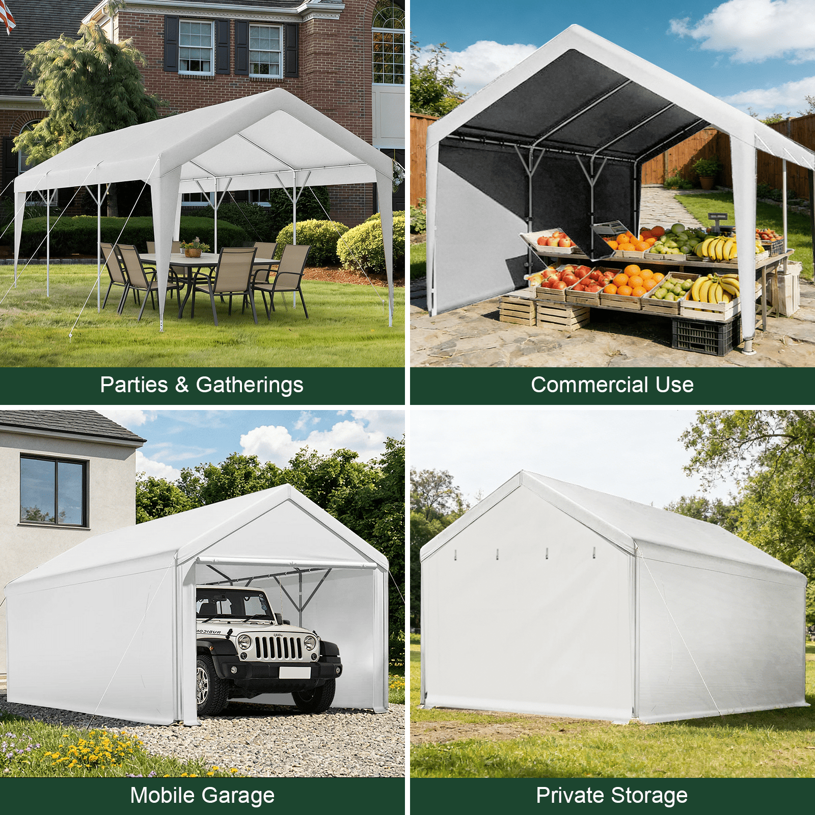 TANGJEAMER 20x10 ft Heavy Duty Carport with Roll-up Door – Fully Enclosed Side Walls, 180G PE Portable Garage, Weatherproof Shelter for Cars, Trucks & Storage (White)