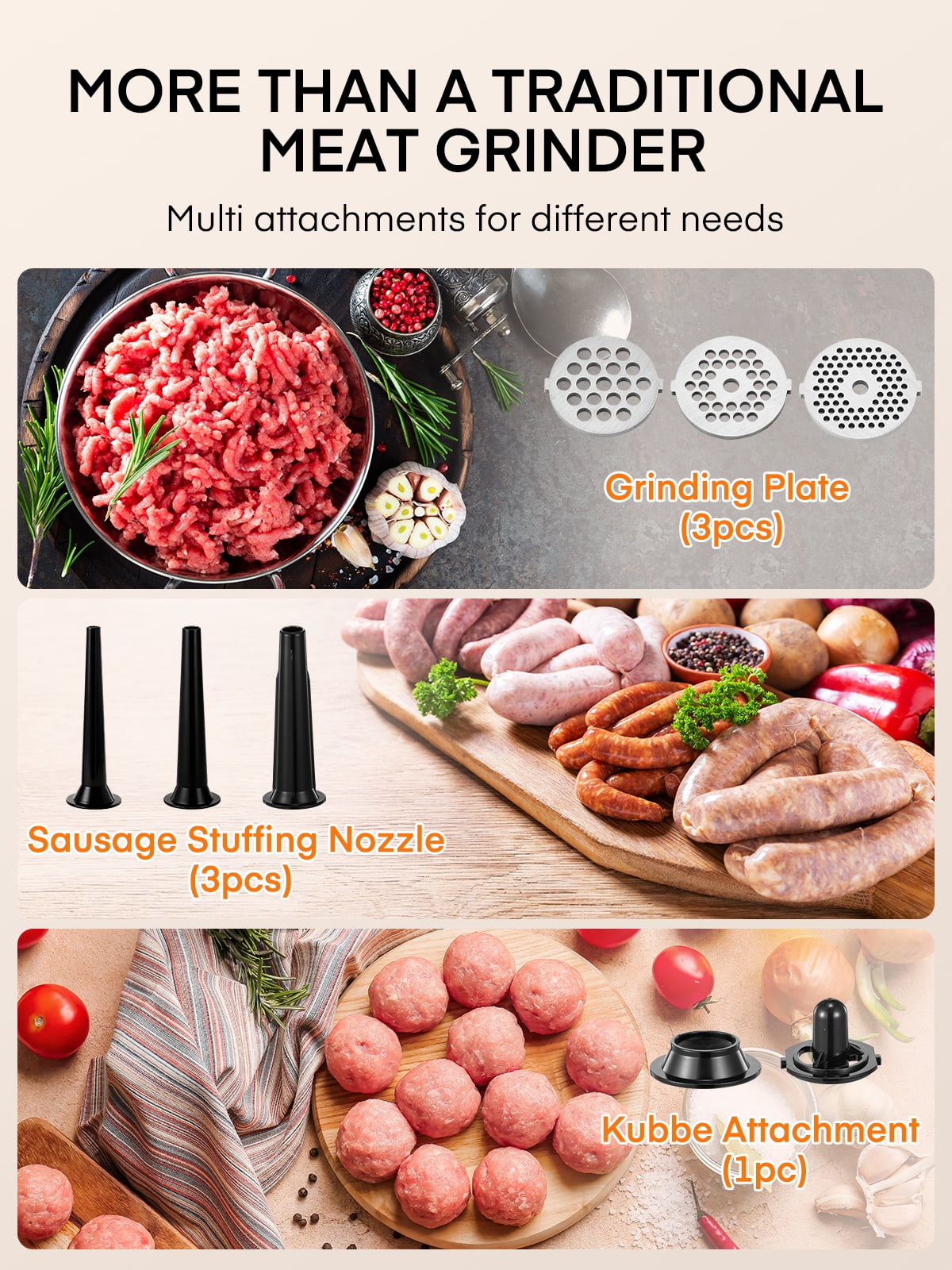 FOHERE Electric Meat Grinder Heavy Duty 3200W Max Stainless Steel with Blades, Plates, Sausage Tubes & Kubbe Kit for Home Use