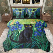 Manfei Animal Black Cat Bedding Comforter Set 7-Piece for Boys Girls,Cartoon Floral Animal King Bedding Sets,Chic Purple Flowers Ultra Soft Bed Sheets,Breathable Home Decor,Reversible