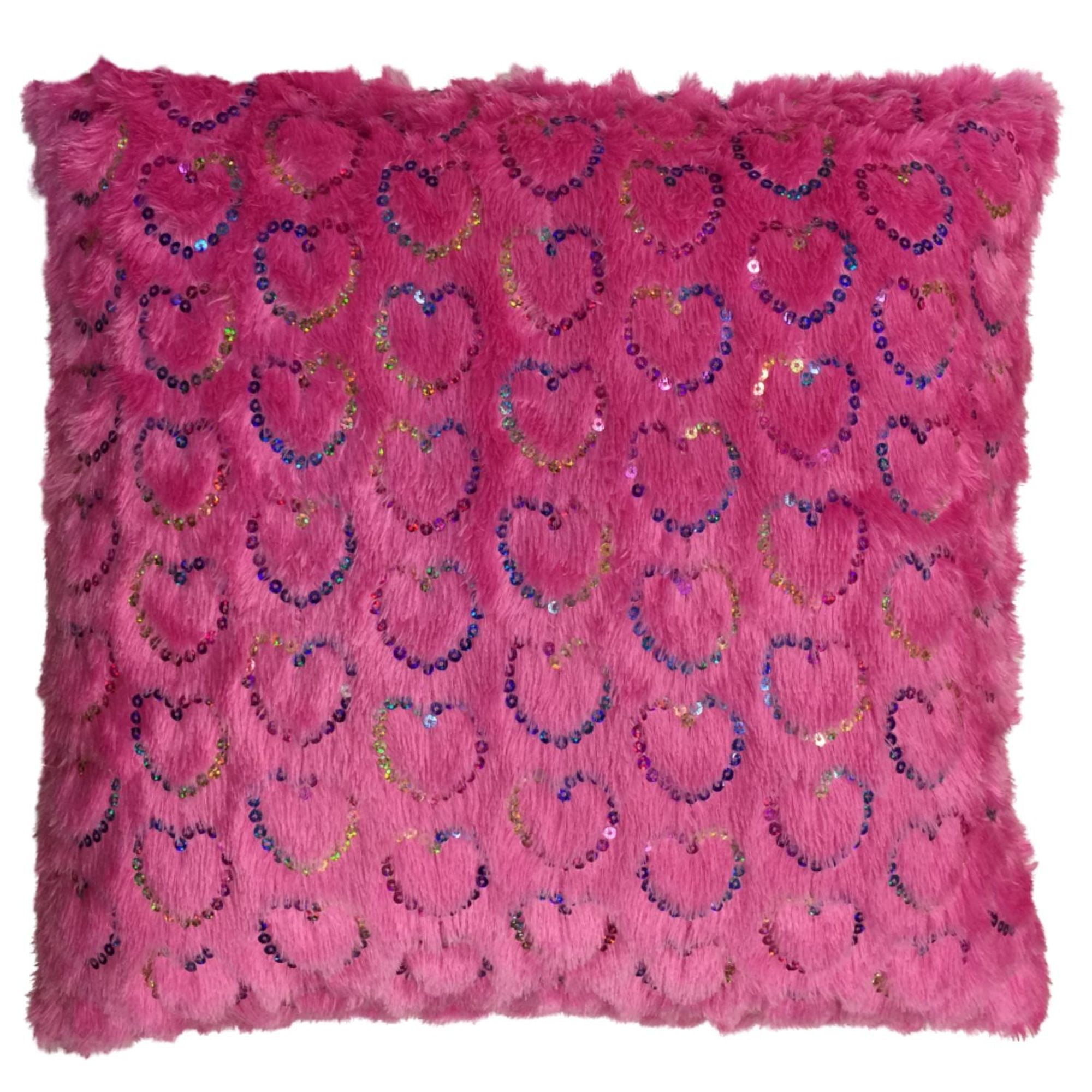 Brunton Faux Fur Hot Pink Throw Pillow Colorful Sequin Heart Accent