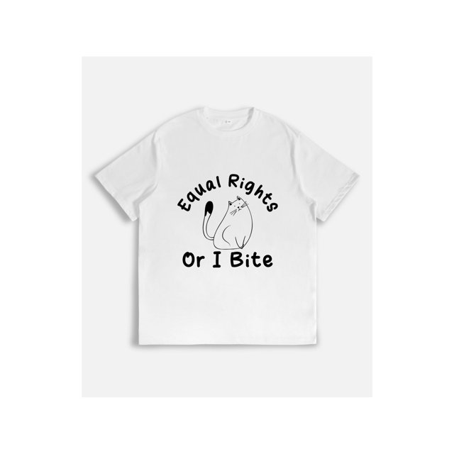 Camiseta con mensaje feminista y un adorable dibujo de gato: "Igualdad de derechos o muerdo".