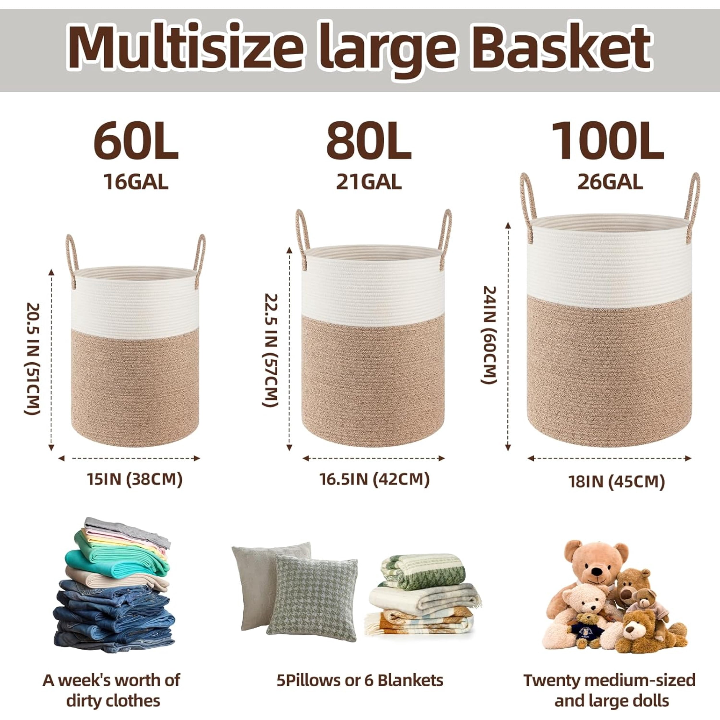 Laundry Basket, Woven Cotton Rope Laundry Hamper for Decor Storage of Dirty ClothesToys and Blankets in Bathroom, Baby Room and Living Room
